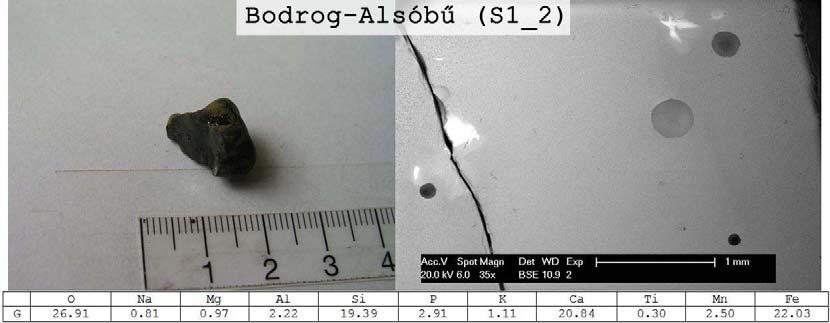 17 2. ábra: S1_1 jelű salakminta Bodrog-Alsóbűről. Baloldalon: A salakminta makro fotója. Jobboldalon: SEM kép a salakminta metallográfiai csiszolatáról.