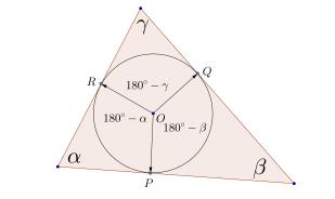 8 Egy háromszög szögei α, β, γ Mutassa meg, hogy cosα cosβ cosγ Megoldás: háromszög O középpontú, r sugarú beírt köre az oldalakat a P, Q, R pontokban érinti ( OP OQ OR ) 0, azaz OQ OR ( OP OQ OQ OR