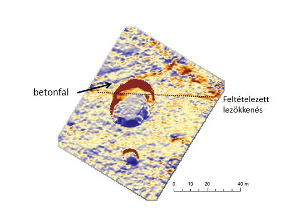 10. ábra: Digitális felszínmodell az F5 és F6 töbör környékéről Figure 10: DTM of the F5 and F6 sinkholes Az ábrán látható árnyékolt domborzatmodell (hillshade) megmutatja egyrészt a betonfalat,