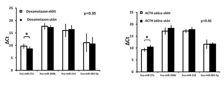kifejeződése csökkent Dexametazon hatására, ugyanakkor az ACTH hatására a hsa-mir-27a szintje patkány mellékvesekéregben csökkent [598].
