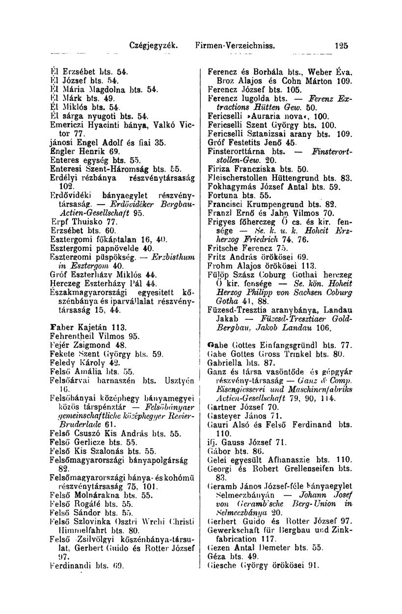 Cz'égjegyzék. Firmen-Verzeichniss. li>3 Él Erzsébet bts. 54. KI József bts. 54. KI Mária Magdolna bts. 54. KI Márk bts. 49. Él Miklós bts. 54. Él sárga nyugoti bts. 54. Emericzi Hyacinti bánya, Valkó Victor 77.