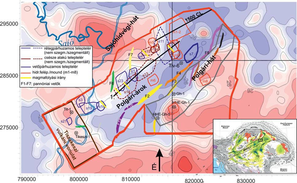 1. ábra A Polgári 3D-n azonosított vulkáni-szubvulkáni testek térbeli eloszlása geomágneses anomáliatérképen (Kiss, Gulyás, 2006 után módosítva).