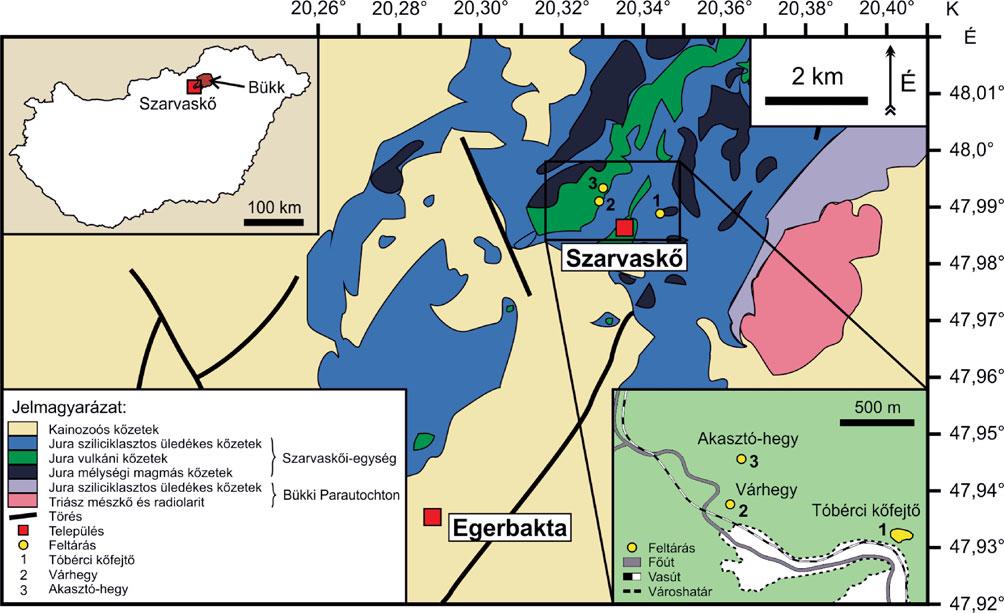 1. ábra Szarvaskő környékének földtani térképe. A jobb alsó sarokban a Vándorgyűlés tervezett terepi állomásait is jelöltük (Less et al.