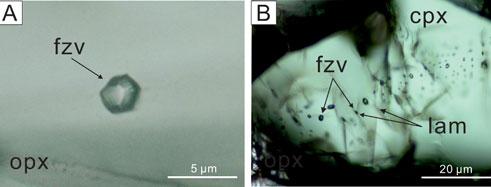 tárgyaljuk. Fluidumzárványok elsősorban orto- és klinopiroxénben jelennek meg magános zárványokként (2.