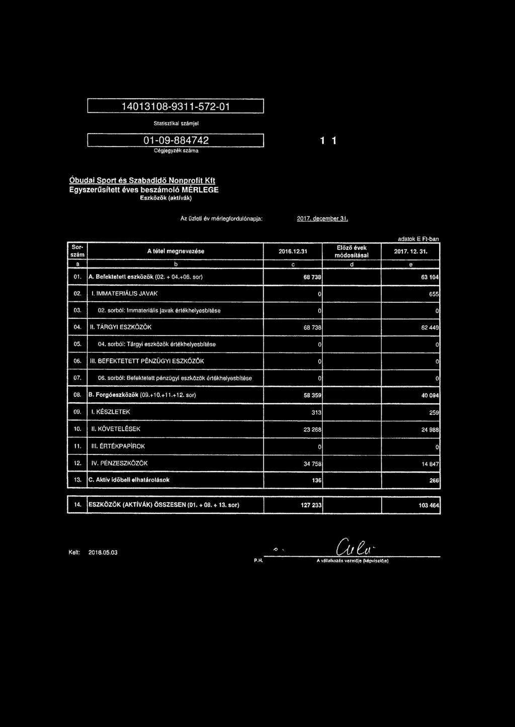 sor) 68 738 63 404 02. I. IMMATERIÁUS JAVAK 0 655 03. 02. sorból: Immateriáils javak értékhelyesbítése 0 0 04. II. TÁRGYI ESZKÖZÖK 68 738 62 449 05. 04. sorból: Tárgyi eszközök értékhelyesbítése 0 0 06.