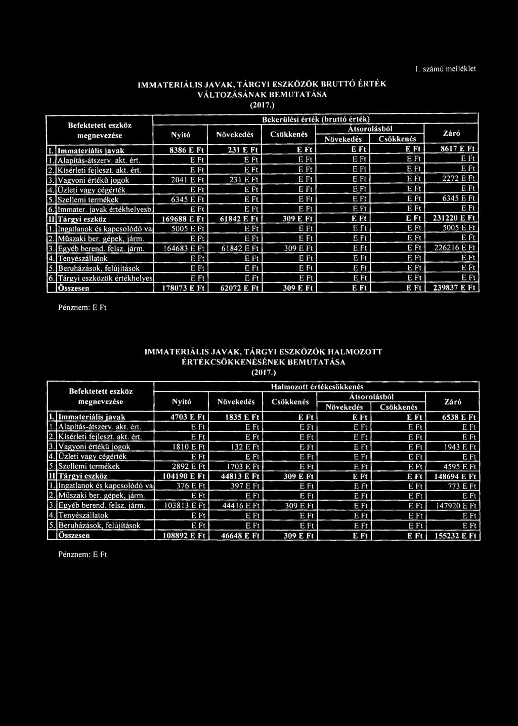 Immateriális javak 8386 E Ft 231 E Ft E Ft E Ft E Ft 8617 E Ft 1. Alapítás-átszerv. akt. ért. E Ft E Ft E Ft E Ft E Ft E Ft 2. Kísérleti fejleszt, akt. ért. EFt E Ft E Ft E Ft E Ft E Ft 3.