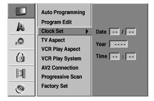 Használatbavétel elõtt Az óra beállítása (Clock Set) TV-képformátum (TV Aspect) TV-program széles képformátumú rögzítése csak akkor lehetséges, ha a TV-adó a megfelelõ szélesvásznú formátumot