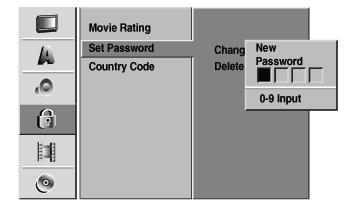 Használatbavétel elõtt ZÁROLÁS (szülõi felügyelet)i Jelszó megadása (Set Password) A minõsítési kategóriákhoz (Movie Rating) való hozzáféréshez állítsa be a jelszót és az országkódot!
