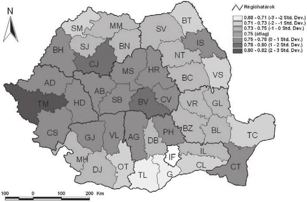 Telegdy Balázs: A szociális problémák térbeli strukturálódása 11. térkép. HFI-értékek az egyes a romániai megyékben.