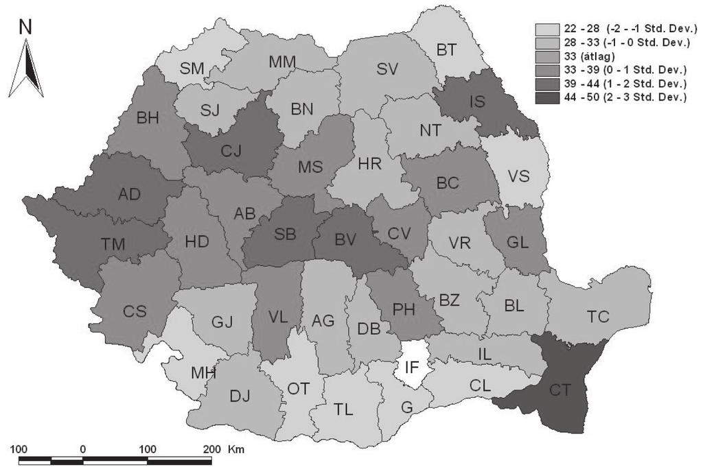 Telegdy Balázs: A szociális problémák térbeli strukturálódása 2. térkép. A tercier szektorban dolgozók százalékos aránya 2003-ban (Forrás: www.mie.ro).
