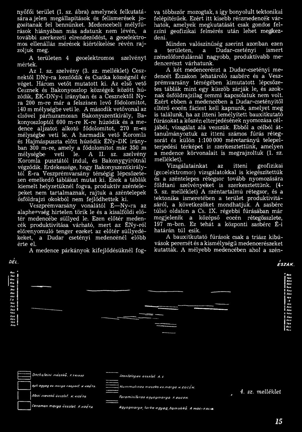 A területen 4 geoelektromos szelvényt mértek. Az I. sz. szelvény (3. sz. melléklet) Cesznektől DNy-ra kezdődik és Csatka községnél ér véget. Három vetőt m utatott ki.