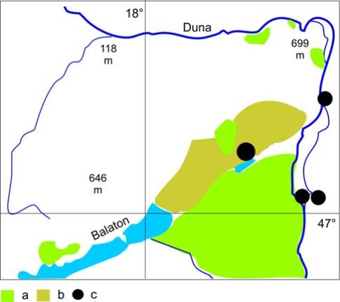 Mezőföld között húzódó dombvidék (b), Hyporatasa allotriella lelőhelyek (c). Barina (2004) nyomán kiegészítve és átrajzolva. Fig. 10.