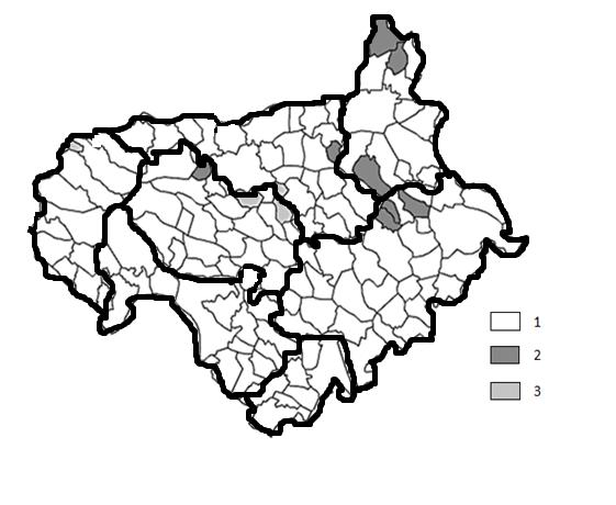 Eltűnő kiskereskedelmi és szolgáltató egységek Pest és Nógrád megyében Jelmagyarázat: 1. Bolttal és vendéglátóipari egységgel rendelkező település 2.