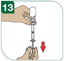 13 - A fecskendő- injekciós üveg egységet fordítsa meg úgy, hogy az injekciós üveg legyen felül.