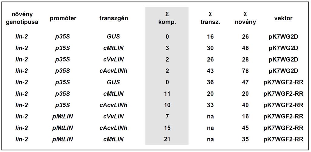 4.11. ábra. A lin-2 mutáns M. truncatula növényeken végzett menekítési kísérletek összefoglaló táblázata.