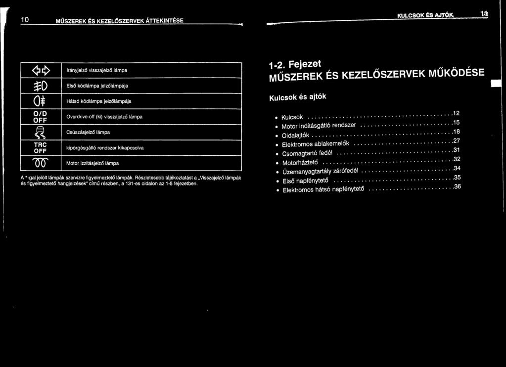 Részletesebb tájékoztatást a Visszajelző lámpák es 1gye 1mezteto hangjelzések" című részben, a 131 -es oldalon az 1-5 fejezetben. " 1-2.