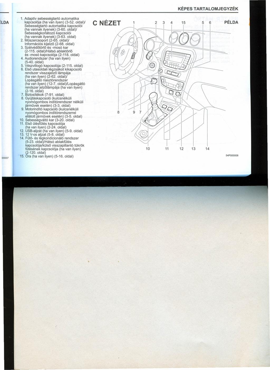 KÉPES TARTALOMJEGYZÉK 1. Adaptív sebességtartó automatika kapcsolója (ha van ilyen) (3-52. oldal)/ Sebességtartó automatika kapcsolói (ha vannak ilyenek) (3-60.