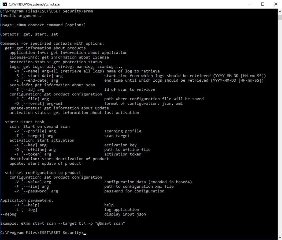 3.10.7.1 Távoli figyelés és kezelés parancssor Remote monitoring management is run using the command line interface. The default ESET Endpoint Antivirus installation contains the file ermm.