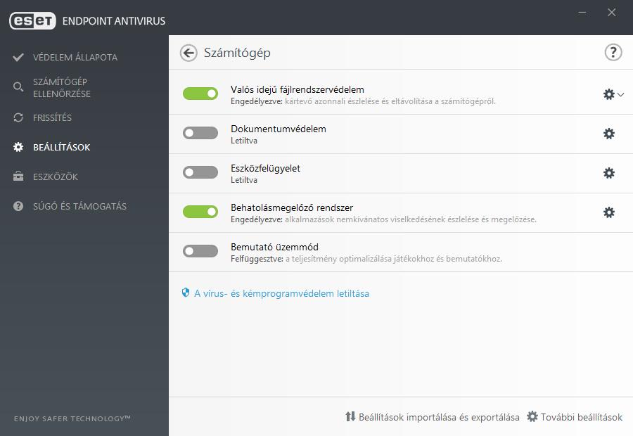 3.9 Az ESET Endpoint Antivirus használata Az ESET Endpoint Antivirus beállításai lehetővé teszik a számítógépek, a webes tevékenységek és a levelezés védelmi szintjének megadását.