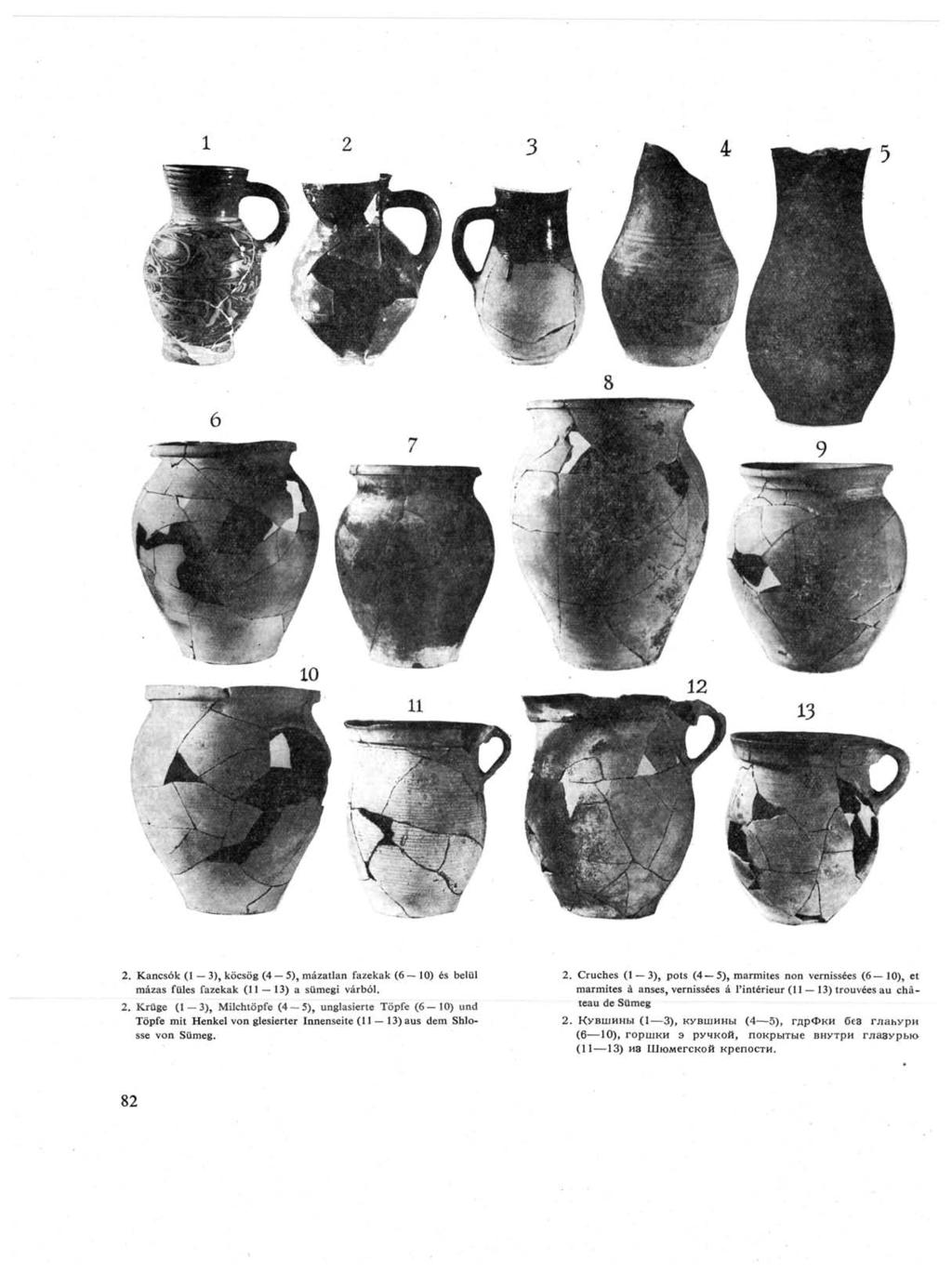 2. Kancsók (1 3), köcsög (4 5), mázatlan fazekak (6 ~ 10) és belül mázas füles fazekak (11 13) a sümegi várból. 2.