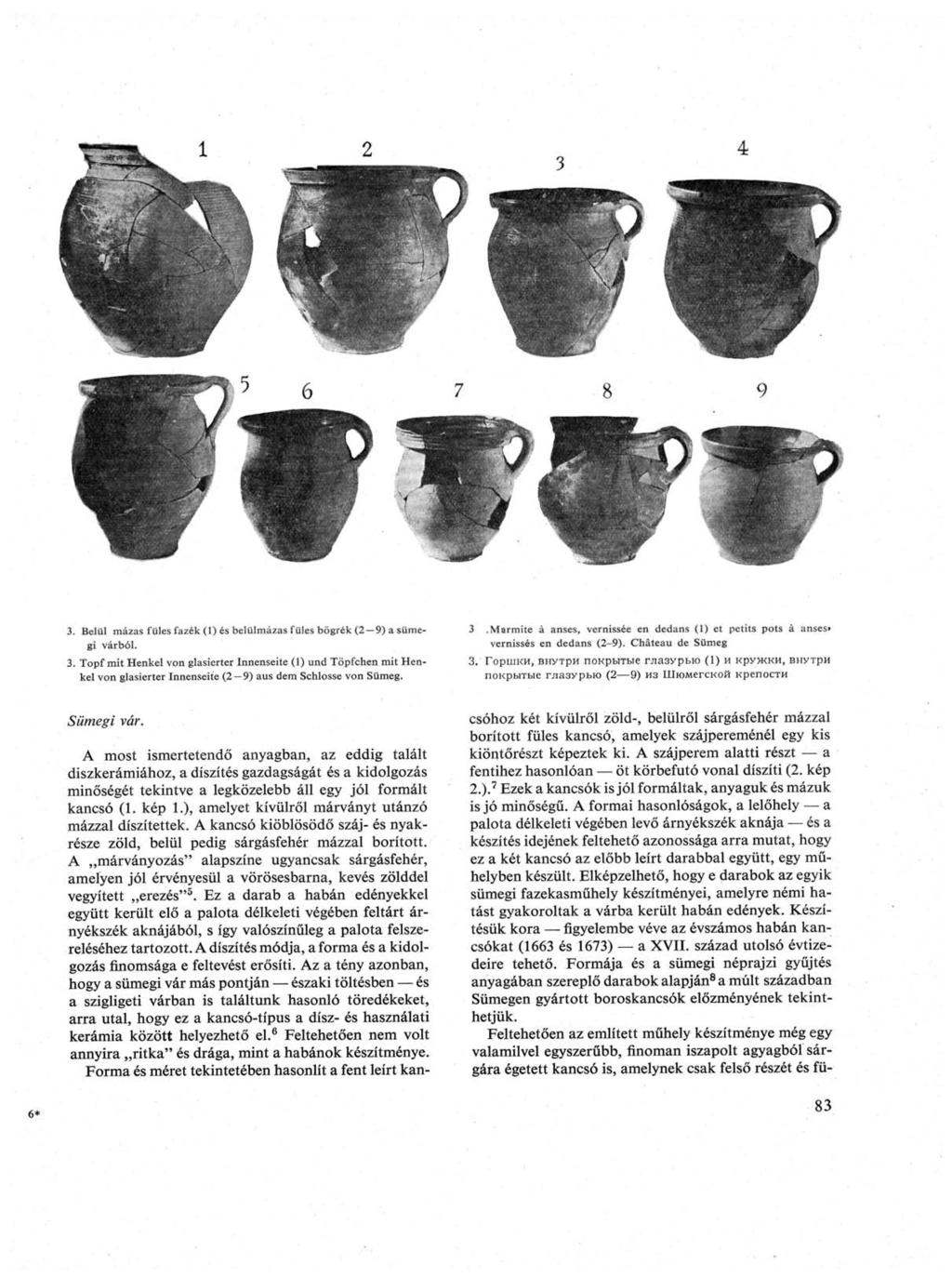 3. Belül mázas füles fazék (1) és belülmázas füles bögrék (2 9) a sümegi várból. 3.