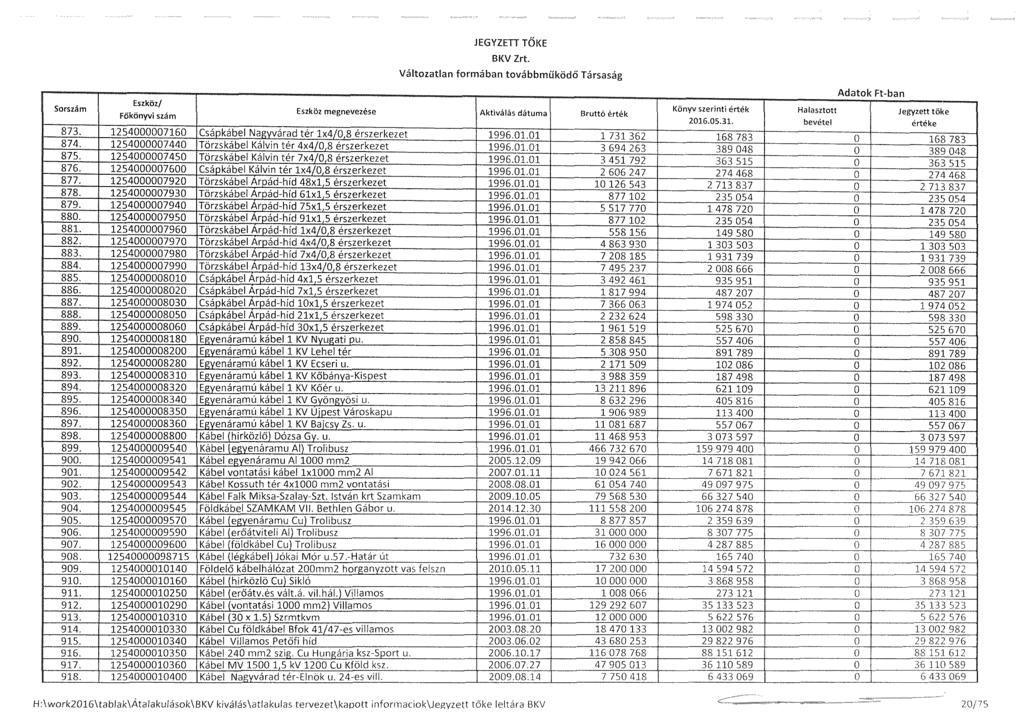 JEGYZETI TŐKE Eszköz megnevezése Aktiválás dátuma Bruttó érték 873. 1254000007160 Csáokábel NaPvvárad tér lx4/0 8 érszerkezet 1996.01.01 1 731 362 874. 1254000007440 Törzskábel Kálv!