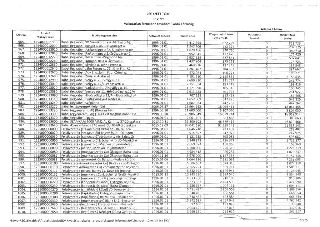 Eszköz megnevezése JEGYZED TŐKE Változatlan formában továbbrnüködő Társaság Aktiválás dátuma Bruttó érték Könyv szerinti érték 2016.05.31. Halasztott bevétel Adatok Ft~ban Jegyzett tőke értéke 965.