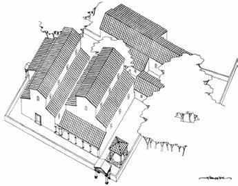 Neautorizovaný pôdorys starokresťanského komplexu v Aquincu, ktorý pravdepodobne zameral a kreslil Dr. Š. Horváth. Zdroj: NAGY 1940, s. 249, obr. 1. Kresbová rekonštrukcia Józsefa Csemegiho mladšieho Š.