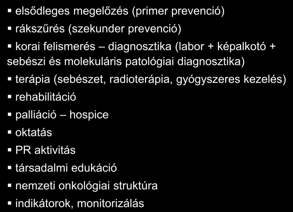 Magyar Nemzeti Rákkontrol Program (1993, 2001, 2006, 2018) Tartalma (WHO ajánlások): Komplex onkoterápia elsődleges megelőzés (primer prevenció) rákszűrés (szekunder prevenció) korai felismerés