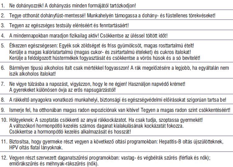 Az Európai Rákellenes Kódex ajánlása a rákkockázat