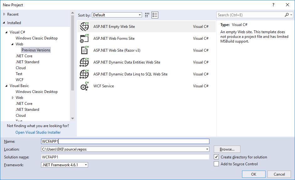 WCF, Entity Framework, ASP.NET, WPF 1. WCF service-t (adatbázissal Entity Framework) 2. ASP.NET kliens 3. WPF kliens Hozzunk létre egy ASP.NET Empty Web Site projektet! A projekt neve legyen WCFAPP1.