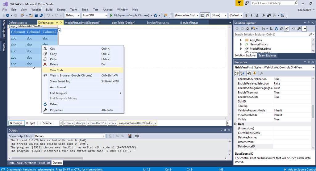 View code.. using!!! using ServiceReferenceFirst; vagy using WCFAPP1.ServiceReferenceFirst; protected void Page_Load(object sender, EventArgs e) if (!Page.IsPostBack) ServiceReferenceFirst.