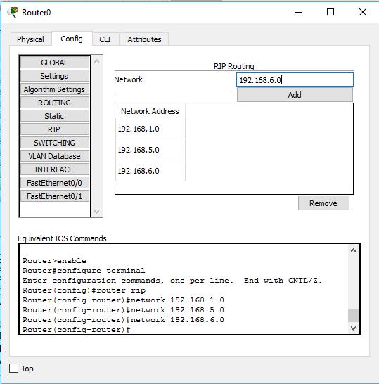 Ezt a konfigurálást parancssorból a következőképpen tudjuk elvégezni: Nyissuk meg mondjuk Router0 CLI parancssorát Írjuk be a következő parancsokat: Router>enable Router#configure terminal