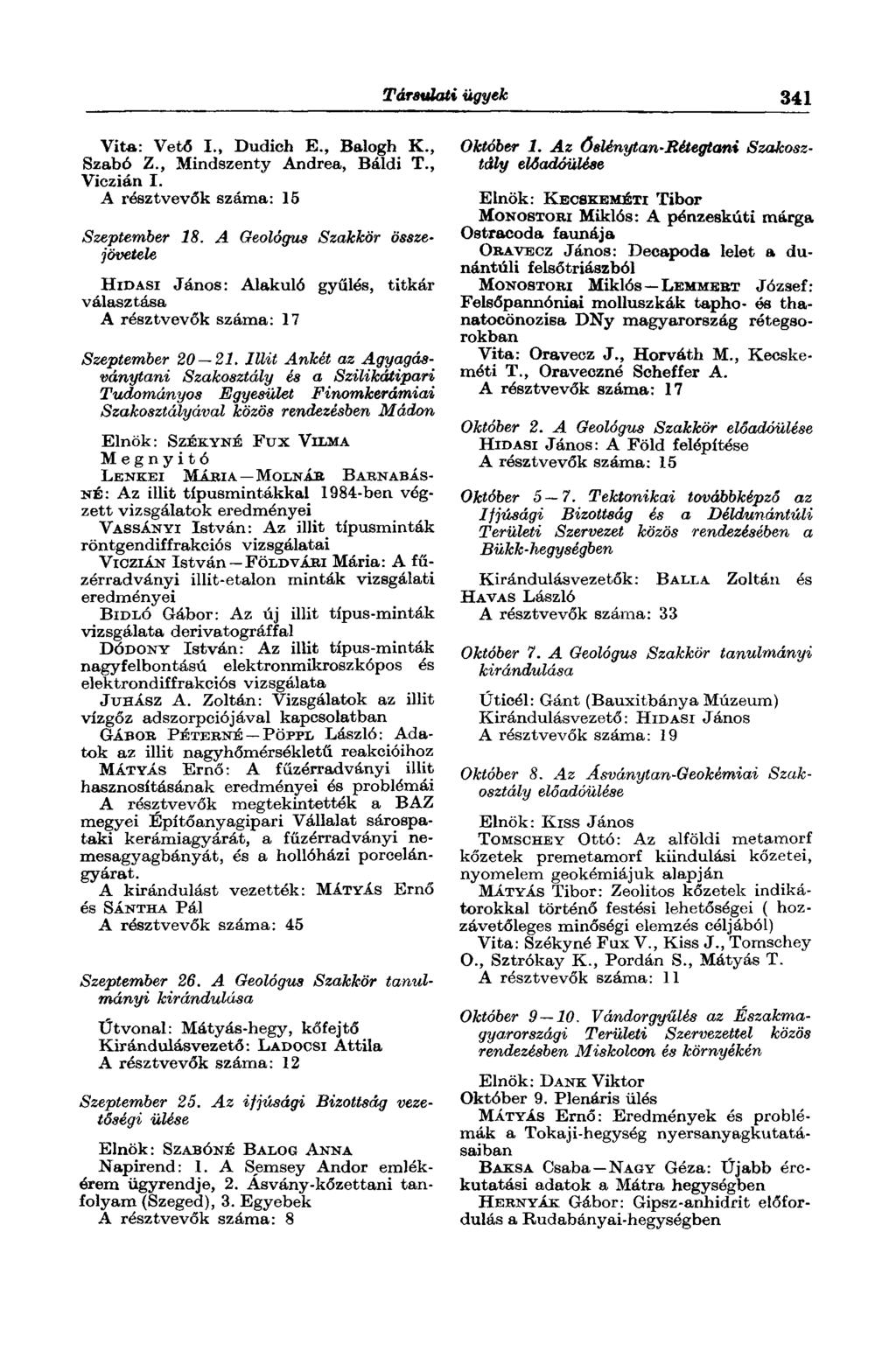 Társulati ügyek 341 Vita: Veto I., Dudich E., Balogh K., Szabó Z., Mindszenty Andrea, Báldi T., Viczián I. A résztvevők száma: 15 Szeptember 18.