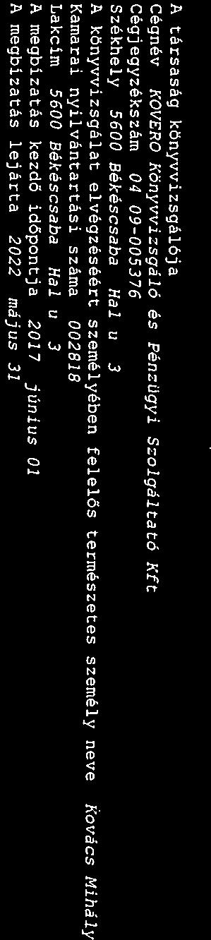Könyvvizsgáló társság könyvvizsgááj: Cégnév:KOVERO Könyvvizsgáló és Pénzügyi Szolgálttó KEt. Cégjegyzékszám: 04 09-005376 Székhely: 5600 Békéscsb, Hl u. 3.