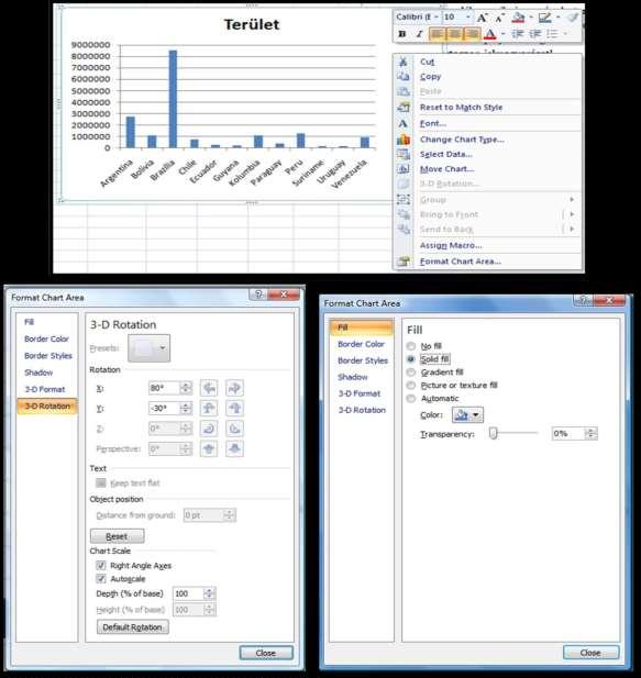 * Az aktív diagramok az egész diagram terület vagy egyes diagramelemek külön-külön - formázhatók a Layout szalag/ Current Selection csoport/ Format selection ikonnal, vagy ha az egér jobb