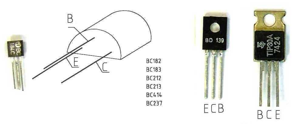 ábra bal oldalán a kis teljesítményű tranzisztorok legáltalánosabb bekötését (néhány, ilyen bekötésű tranzisztortípus