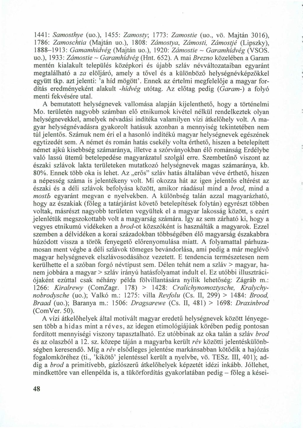 1441: SamosthyezyxwvutsrqponmlkjihgfedcbaZYXWVUTSRQPONMLKJIHGFEDCBA (uo.), 1455: Zamosty; 1773: Zamostie (uo., vö. Majtán 3016), 1786: Zamoschtia (Majtán uo.