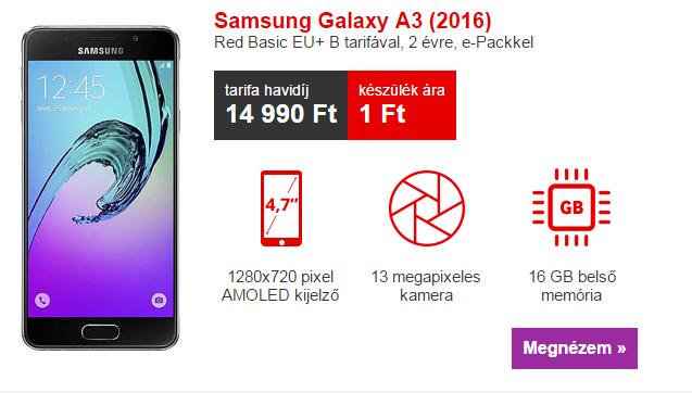 (Samsung Galaxy A3 Red Basic EU+ B tarifával, tarifa havidíj 14 990 Ft, készülék ára ) 59.