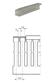 DIN kábelcsatorna, hasítékszélesség: 5, hasítéktávolság: 7,5 Anyag Szín Hossz Üzemi hőmérséklet Éghetőségi osztály UL 94 szerint PVC Szürke 2000 mm 5.
