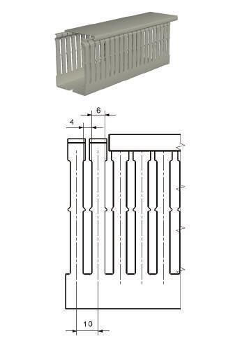 Metrikus kábelcsatorna, perforáció távolsága: 4, bordaszélesség: 6 Anyag Szín Hossz Üzemi hőmérséklet Éghetőségi osztály UL 94 szerint PVC Szürke 2000 mm -5.