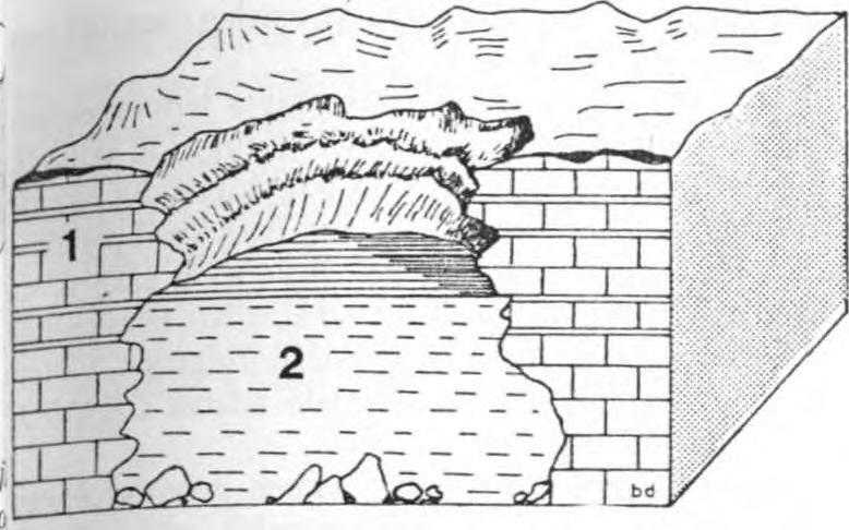 1 = nagyobb mélyedésben elhelyezkedő dolinacsoport (uvala), 2 = szerkezeti törésvonalak mentén kialakult sordolinák, 3 = völgyi dolinák, 4 = trópusi dolinák (cockpitok) elhelyezkedése kúp- és