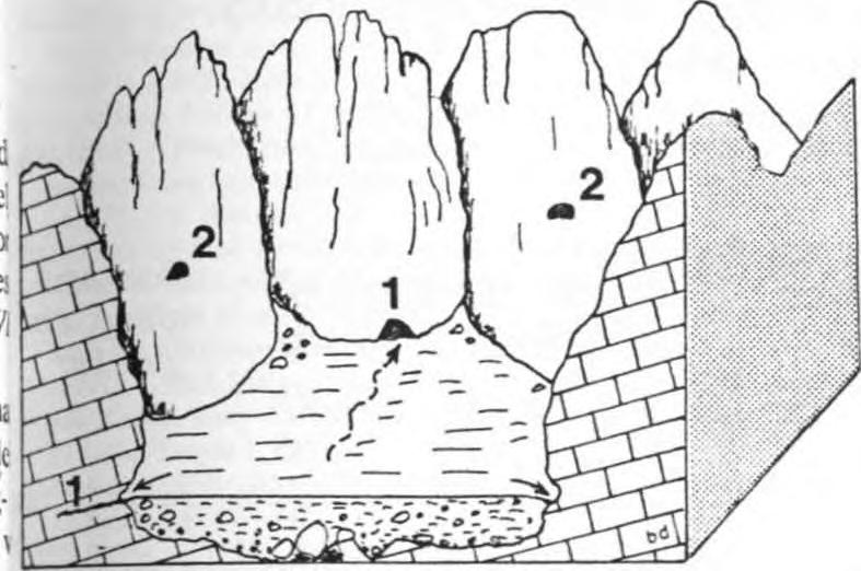 Szabálytalan alakú, elegyengetett, zárt mélyedés a Dél-kínai-karsztvidéken. 1 = aktív lábbarlang, 2 i.= idős lábbarlang vfig. 17. Closed depression among the karst towers in South China.