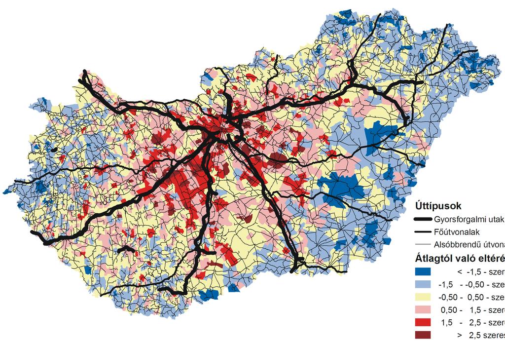 Az elméleti és a várható hálózati hányados különbségei Úttípusok Gyorsforgalmi utak Főútvonalak Alsóbbrendű