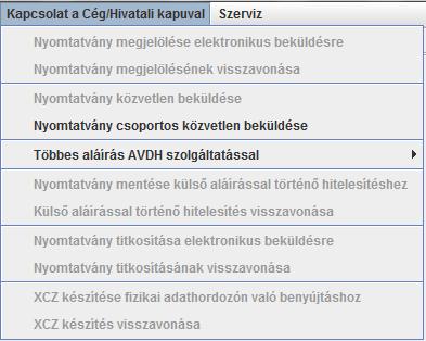 Többes aláírás AVDH szolgáltatással almenü Nyomtatvány