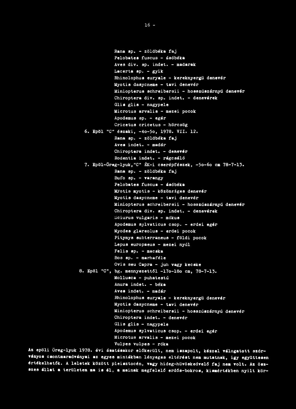 cricetus - hörcsög 6. Epöl "C" északi, -4o-5o, 1978. VII. 12. Rana sp. - zöldbéka faj Rodentia indet. - rágcsáló 7* Epöl-öreg-lyuk,"C" ÉK-i caerépfészek, -5o-6o cm 78-7-13. Rana sp. - zöldbéka faj Bufo sp.