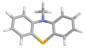 10-metil-(10H)-fenotiazin Megállapítottam, hogy az alkohol csoport kevésbé hat a fenotiazin gyűrű szerkezetére, az aldehid szubsztitúció viszont jelentősen megnyújtja az aldehid csoporthoz közelebb