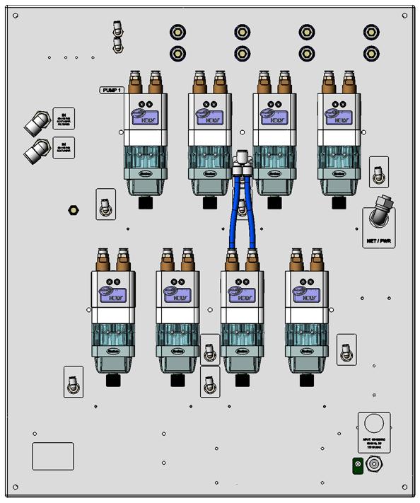 4 Prodigy automatikus rendszerű HDLV szivattyúpanel Panel elemei Külső elemei 9 7 2 6 3 4 5 0 Ábra 2 Külső szivattyúpanel elemek (az ábra nyolc szivattyús panelt mutat). Prodigy HDLV szivattyúk 4.