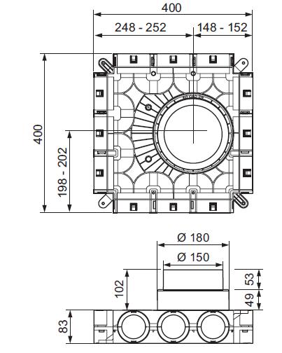 Alacsony építésű légoldali osztó/gyűjtő Tartozék Leírása Átmérő (Φ) ζ-érték Rendelési szám Alacsony építésű légoldali osztó/gyűjtő kerek Φ75/62 mm-es levegő csőhöz Sz x Ma x Mé: 400 x 83 x 400 mm