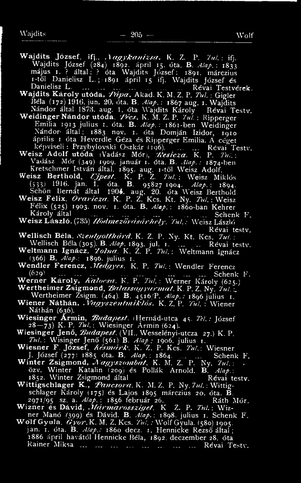 : Vadász Mór (349) 1909. január 1. óta. B. Alap.: 1874-ben Kretschmer István által. 1895. aug. i-től Weisz Adolf. Weisz Berthold, Ú jp est. K. P. Z. Túl. : Weisz Miklós (5 33-) 1916. jan. 1. óta. B. 95827 1904.